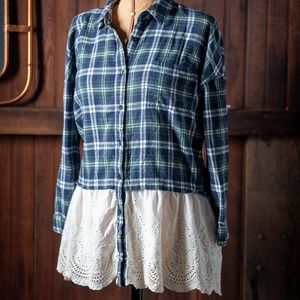 Cottagecore Blue/Green Plaid Cotton Blouse with Eyelet Ruffle